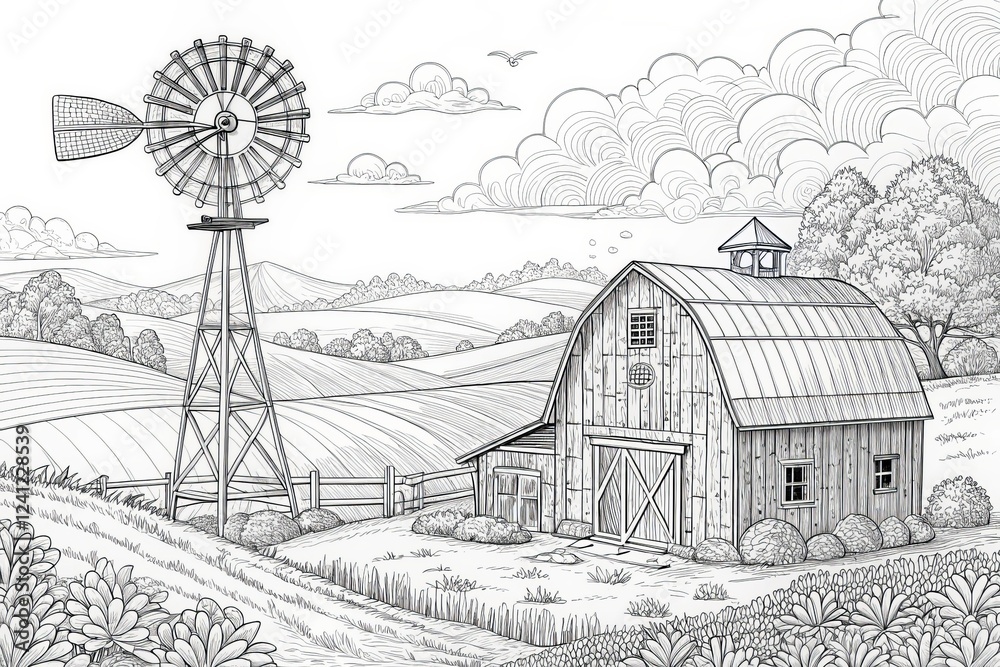 Fototapeta premium farm theme, Rustic barn and windmill in a serene countryside landscape. outline for coloring.