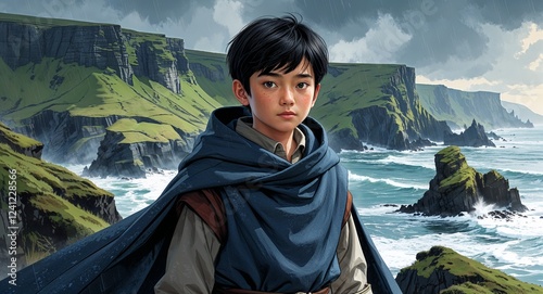 Draped woolen cloak over tunic in stormy coastal cliffside kid Asian boy short straight black hair background illustration portrait photo