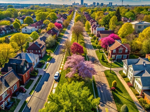 St. Louis Spring Aerial: Upscale Neighborhood Flyover with Car