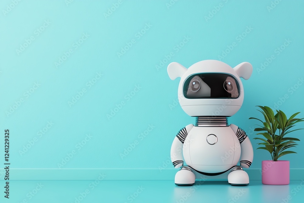 Fototapeta premium Cute robot with a plant in a modern setting.
