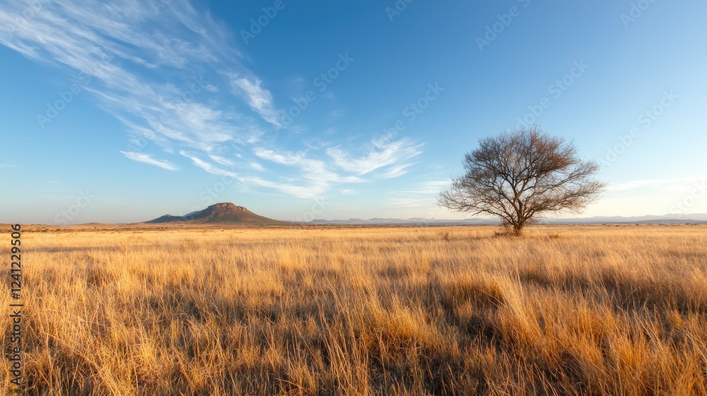 Lone tree in golden savanna, sunset, mountain backdrop, tranquil landscape, nature photography Lone tree in golden savanna, sunset, mountain backdrop, tranquil landscape, nature photography