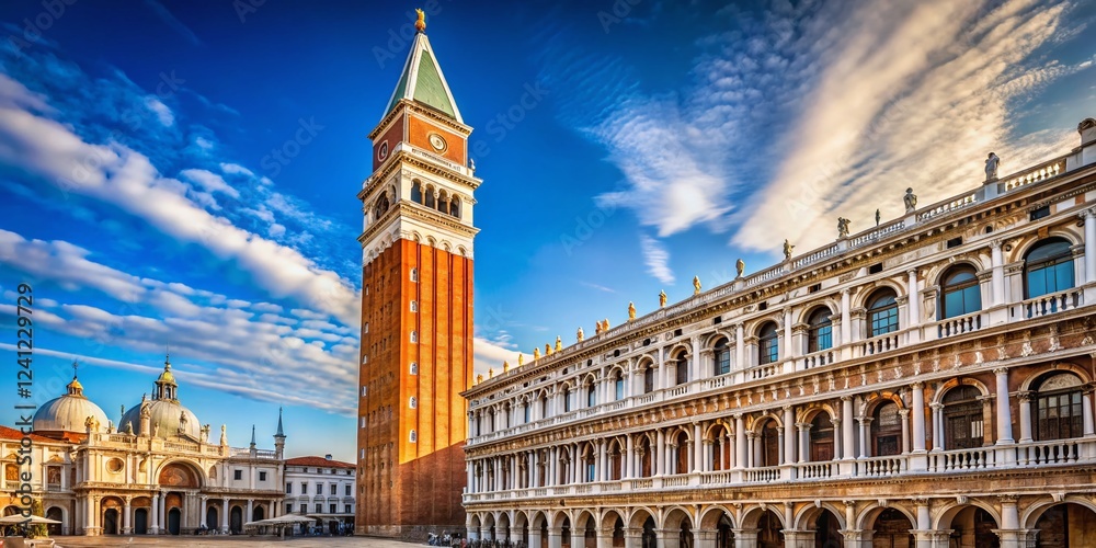 Fototapeta premium Venice Piazza San Marco Clock Tower, Italy - Majestic Landmark & Copy Space