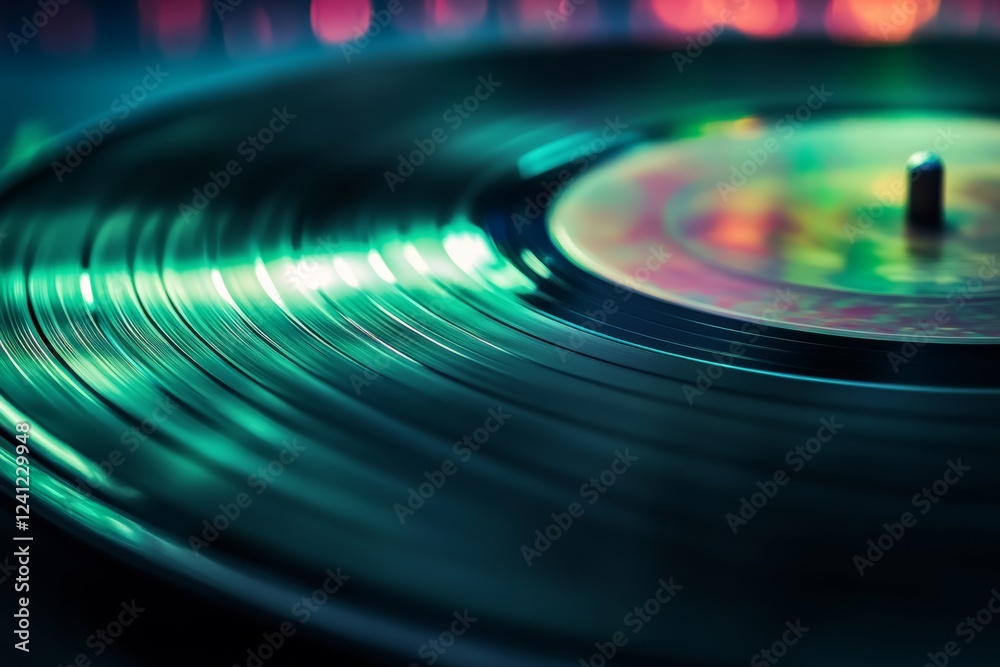 Vibrant spinning vinyl record with neon reflections Vibrant spinning vinyl record with neon reflections