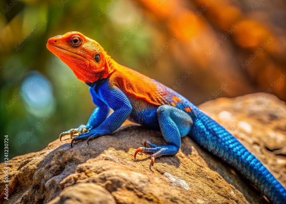 Vibrant Blue & Orange Lizard Posing on Ledge with Chameleon & Crayon Vibrant Blue & Orange Lizard Posing on Ledge with Chameleon & Crayon