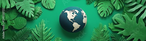 Earth globe surrounded by green foliage. photo