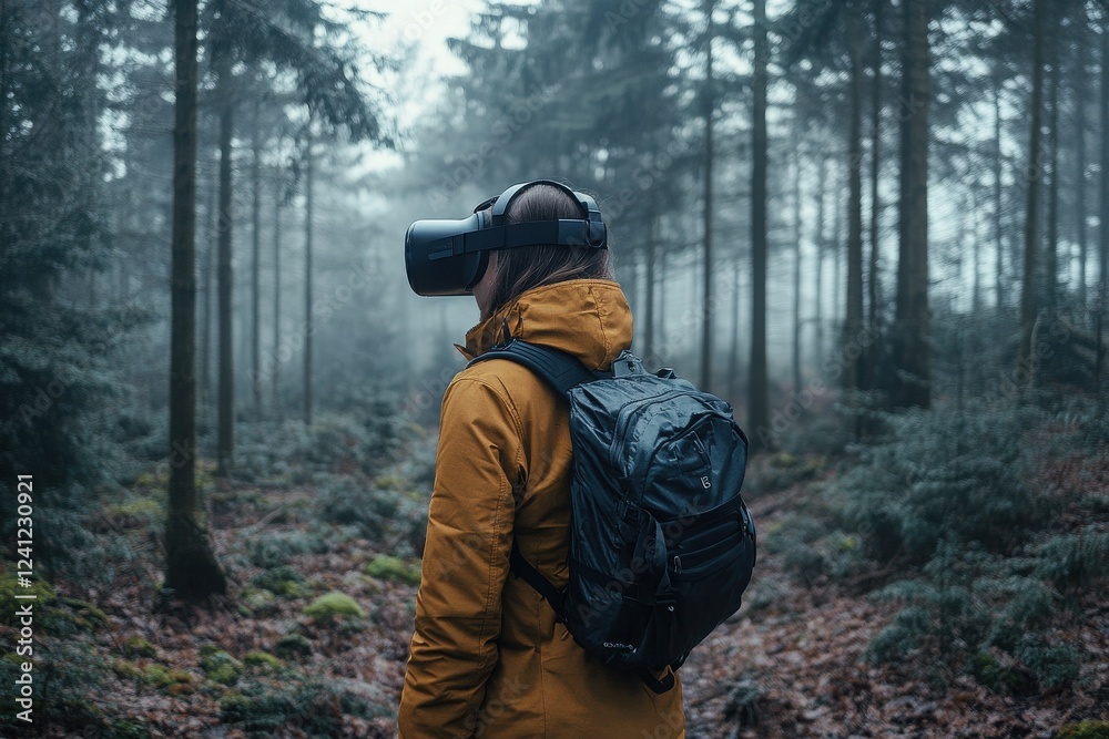 A person wearing a VR headset stands in a misty forest, blending technology with nature, exploring virtual experiences in a tranquil environment. A person wearing a VR headset stands in a misty forest, blending technology with nature, exploring virtual experiences in a tranquil environment.
