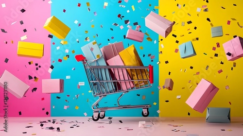 Surreal and dynamic composition featuring a floating shopping cart with brightly colored geometric packages arranged in a striking visually appealing manner under dramatic lighting and soft shadows