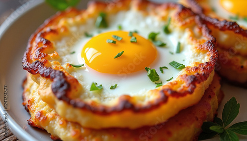 A creative variation of Pyttipanna served as potato pancakes topped with a sunny-side-up egg, garnished with fresh parsley on a white plate. photo