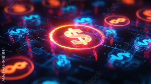 A glowing ad icon surrounded by dollar symbols, representing successful PPC campaigns