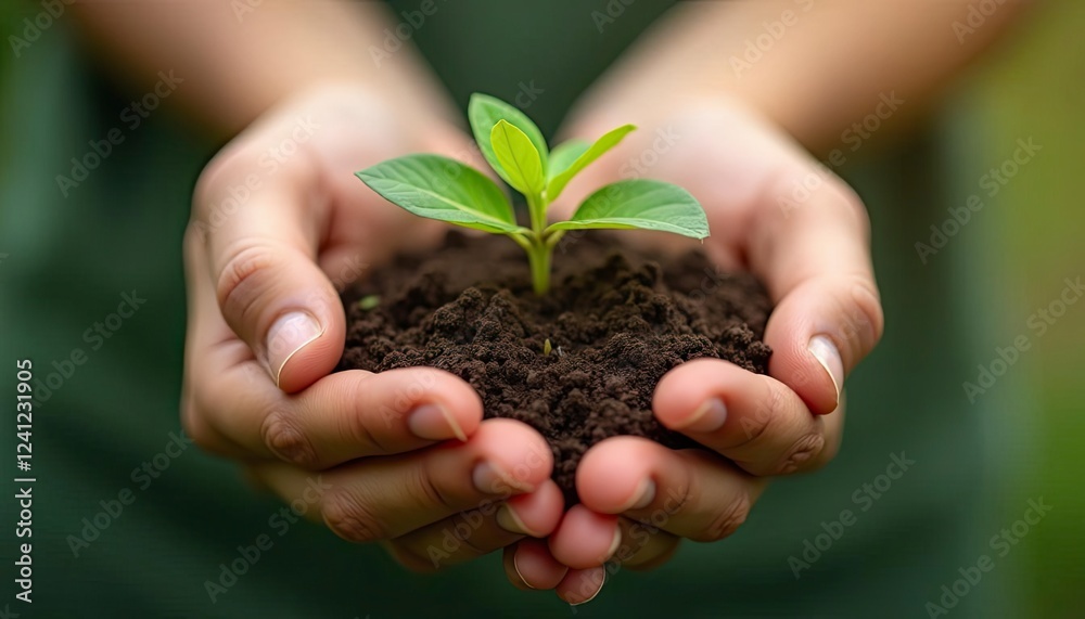 Hands gently hold small plant in dark soil, symbolizing growth and care. Ideal for environmental, gardening, sustainability, and growth concepts Hands gently hold small plant in dark soil, symbolizing growth and care. Ideal for environmental, gardening, sustainability, and growth concepts