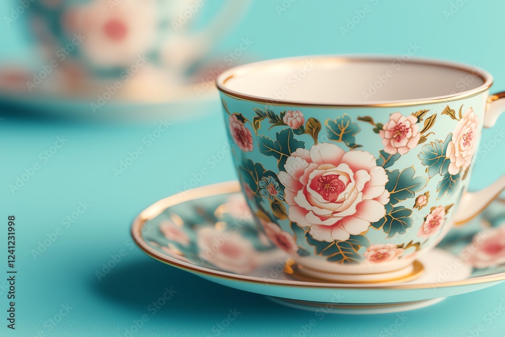 Elegant floral teacup on turquoise background. Elegant floral teacup on turquoise background.