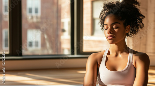 Wallpaper Mural A young woman engaging in a calming stretching routine on a yoga mat in her bright apartment. The sunlight filtering through the windows creates a serene and relaxing atmosphere. T Torontodigital.ca