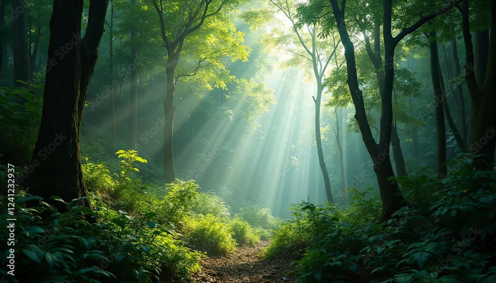Fototapeta premium Sunlight streams through lush green forest trees along a path