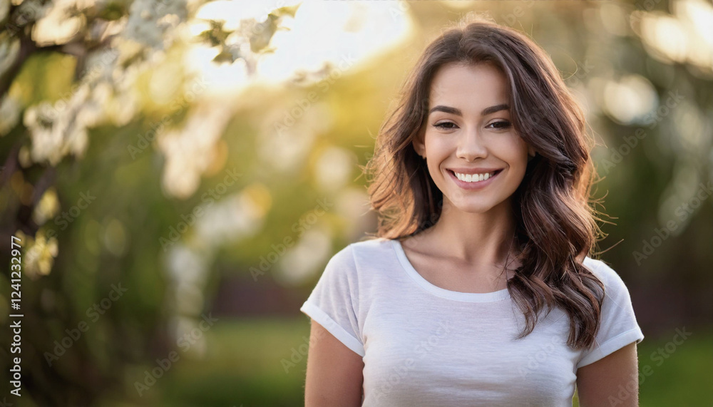 Portrait of a Smiling Woman Enjoying Springtime Outdoors with a Beautiful Garden Background Portrait of a Smiling Woman Enjoying Springtime Outdoors with a Beautiful Garden Background