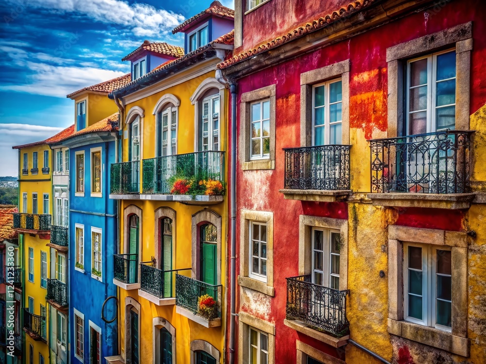 Obraz premium Vibrant Lisbon Facades: A Macro Photography Exploration of Colorful Historic Architecture