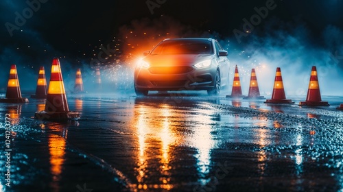 Night driving test. Car maneuvering through traffic cones on wet asphalt at night, testing skills and safety.