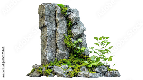 Rock covered in green moss on a natural surface with surrounding vegetation in a forest environment