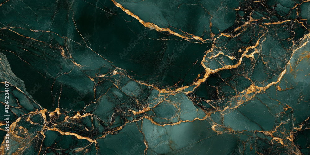 Fototapeta premium Rich forest green marble with golden veins, elegant natural luxury texture