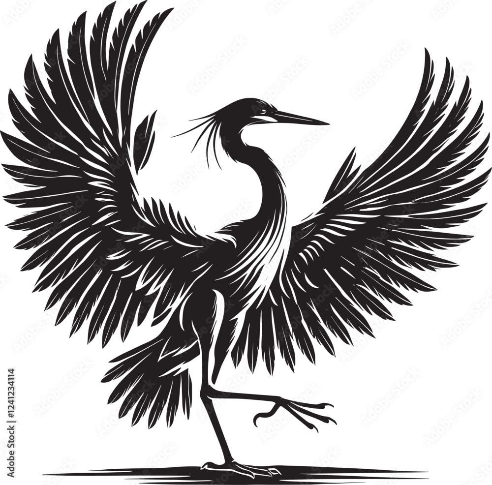 Fototapeta premium Flying Heron bird Silhouette vector illustration isolated on white background