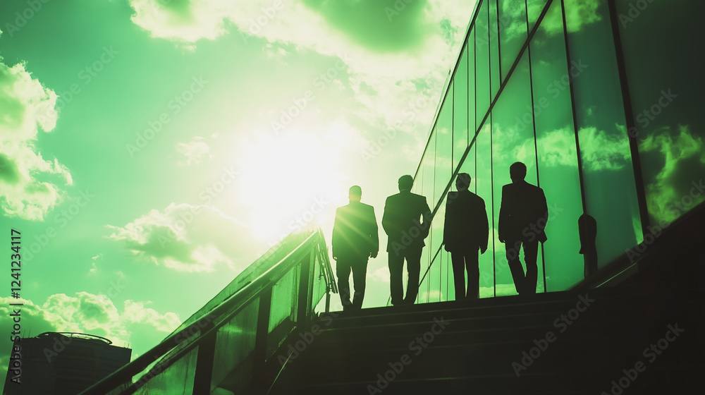 Fototapeta premium Group of business people silhouettes in modern office building and business network concept. Human resources with pastel innovation charts and graphs with statistics to analyze business