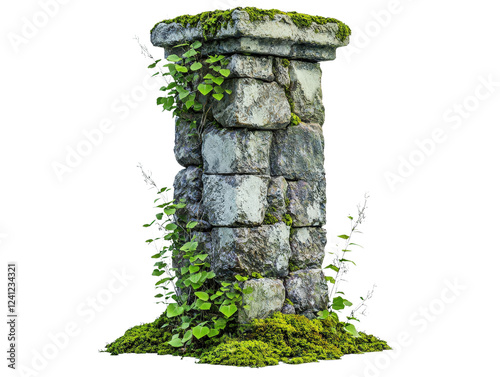 Stone pillar covered in green moss in a natural outdoor setting with surrounding vegetation