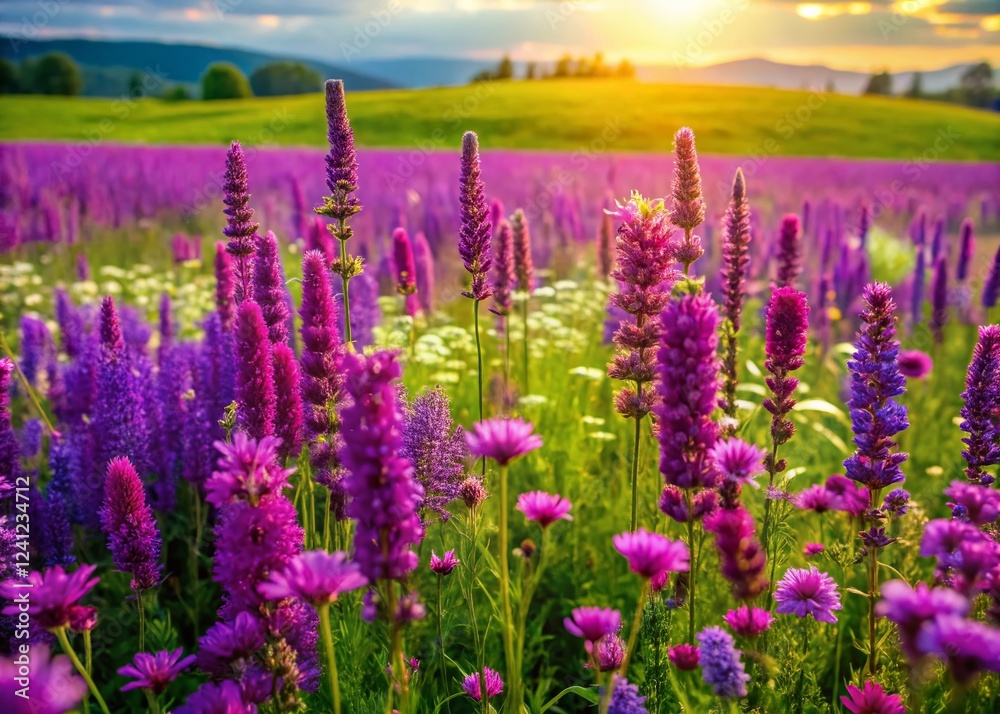 Fototapeta premium Vibrant Purple Wildflowers in Sharp Focus, High-Resolution Stock Photo