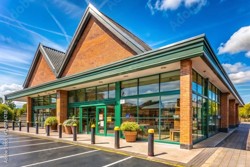 Sunny Day Entrance to Supermarket in Ellesmere, Shropshire, England - May 2023 Stock Photo photo