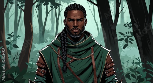 Hunter dark green cloak with leather bracers in deep woods mature Black African man braided black hair background illustration portrait photo