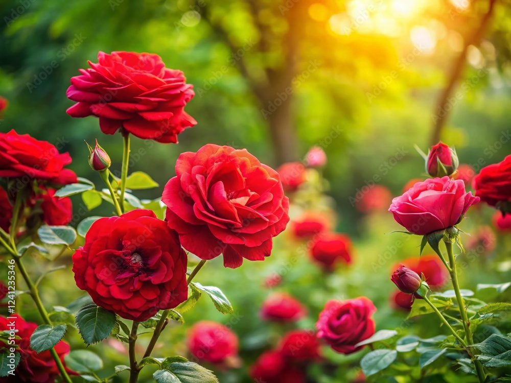 Vibrant Red Roses Blooming in Lush Green Garden - High-Resolution Stock Photo Vibrant Red Roses Blooming in Lush Green Garden - High-Resolution Stock Photo