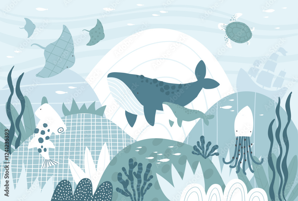 Obraz premium Vector illustration underwater world with cute whale, stingray, shark, turtle, octopus, crab. Algae and coral. Children's sea wallpaper. Animals. Kids room design, wall decor. Mural. Wall art.