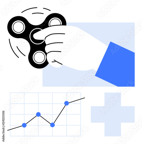 Hand holding fidget spinner, spinning motion lines, graph with dots, upward trend line, geometric cross. Ideal for stress relief tools, productivity, focus, data visualization personal growth