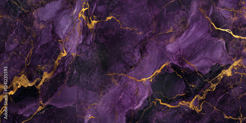Deep amethyst marble background with dark purple and metallic gold veins, regal gemstone texture.