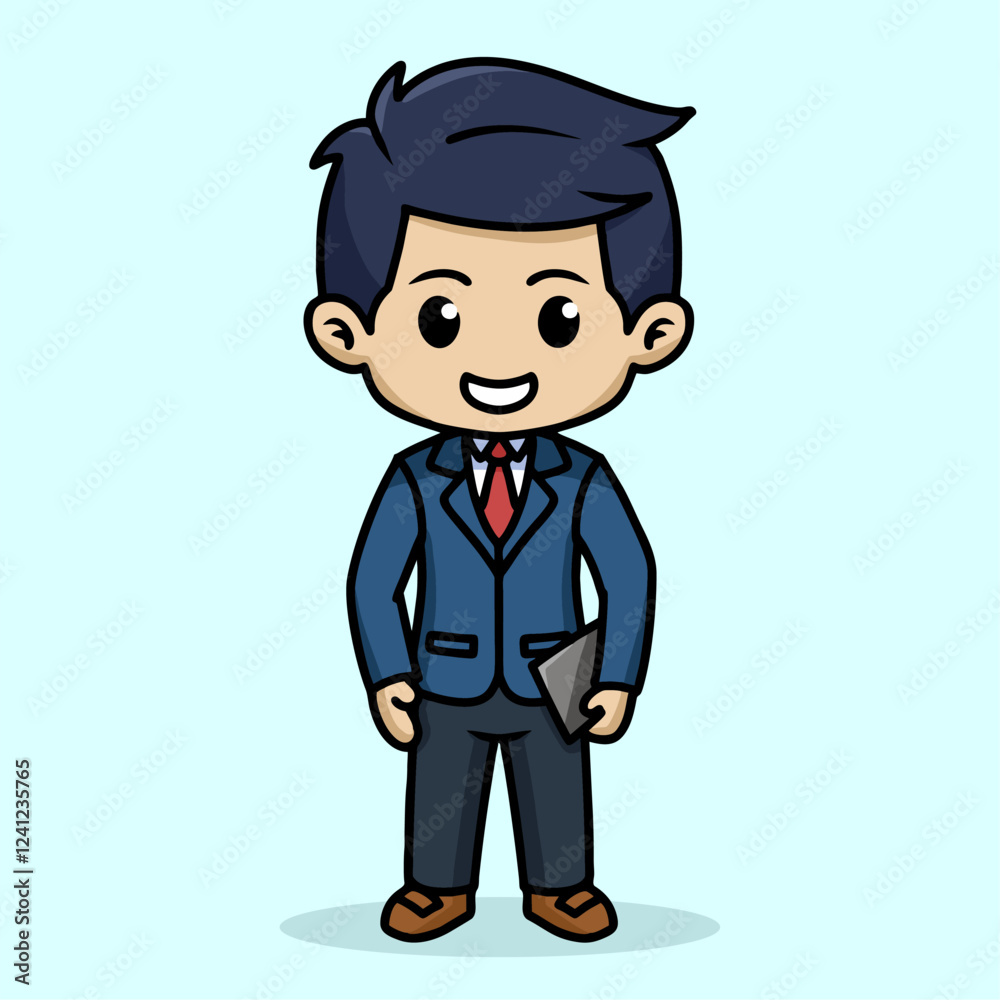 chibi character of a man wearing an office suit standing upright and holding a laptop chibi character of a man wearing an office suit standing upright and holding a laptop