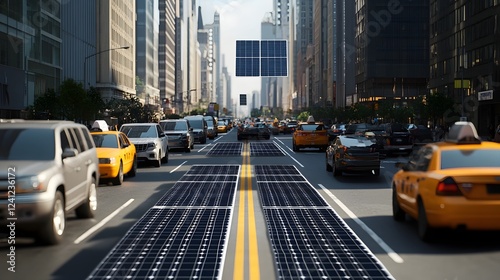 Holographic Solar Panels Floating Above Bustling City Street With Cars and Pedestrians Below