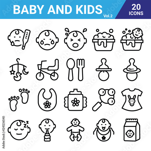 Baby and Kids outline icons set isolated on white background flat vector illustration.