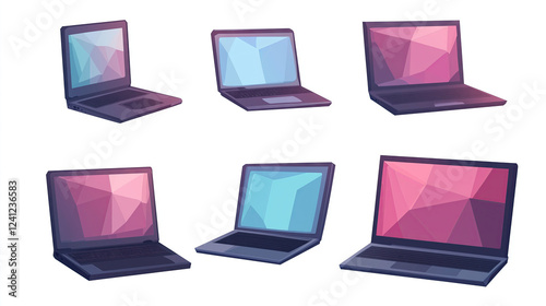 A set of cartoon-style laptops with flat colors and a low-poly design