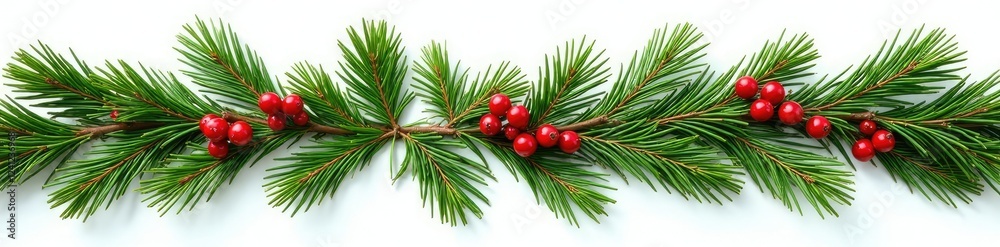 Fresh evergreen garland with European holly and pine needles against white background, pine, holly, winter Fresh evergreen garland with European holly and pine needles against white background, pine, holly, winter