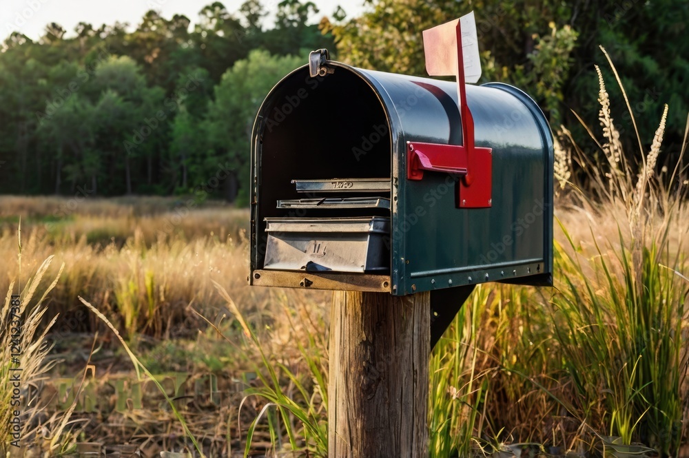 An old, metal country mailbox on a wooden post, surrounded by tall grass. An old, metal country mailbox on a wooden post, surrounded by tall grass.