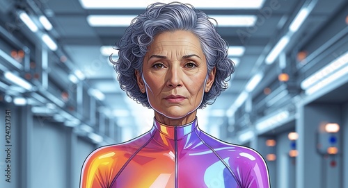 Liquid crystal textured bodysuit with shifting hues advanced cloning facility elderly Hispanic woman short curly gray hair background illustration portrait