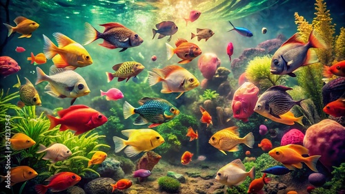 Vintage Aquarium: Exotic Fish in Retro Underwater Scene