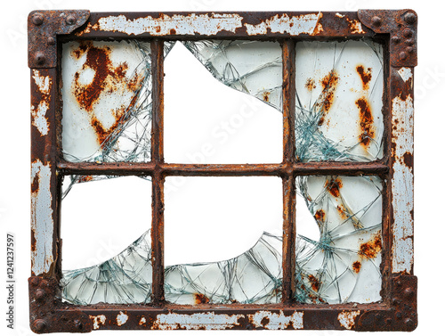 Broken window with shattered glass pieces on a surface creating a fragmented view of the outside