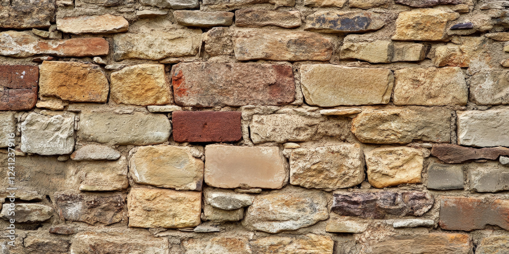 Fototapeta premium Rustic old stone wall background with uneven, time-worn bricks and natural earthy tones.