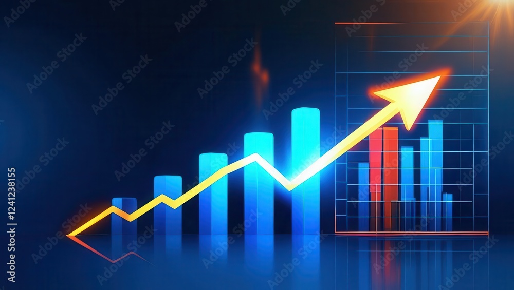 Stock market and business. Graph with rising bars and an arrow, symbolizing growth and success in analytics. Stock market and business. Graph with rising bars and an arrow, symbolizing growth and success in analytics.
