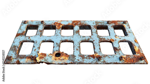 Old rusty metal plate with multiple holes and textured surface displayed on a rustic background