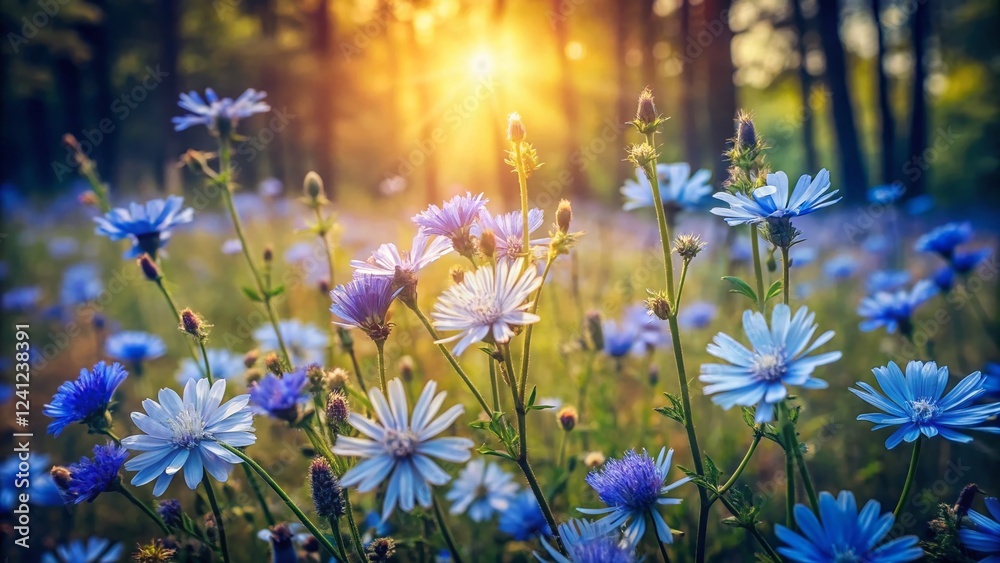 Fototapeta premium Vintage Chicory Flowers in Forest Glade - Rustic Blue Wildflowers Meadow