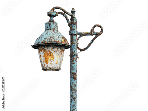 Rusty street light on a pole against a plain white background with no other objects or distractions