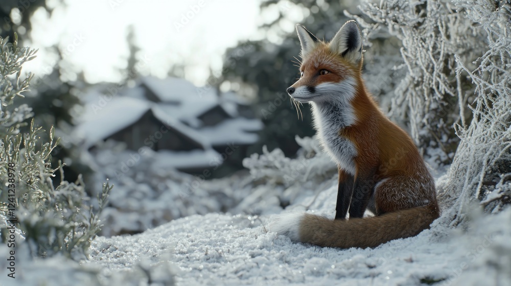 Obraz premium A majestic red fox sitting gracefully in a snowy landscape, surrounded by frosty foliage and distant cabins