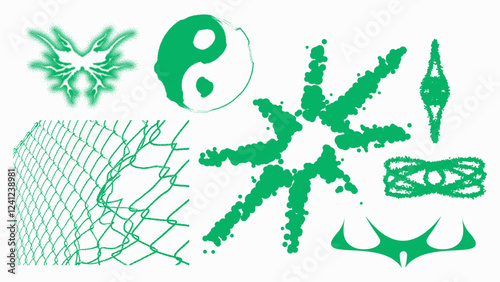 Abstract green design elements with dynamic shapes and textures.