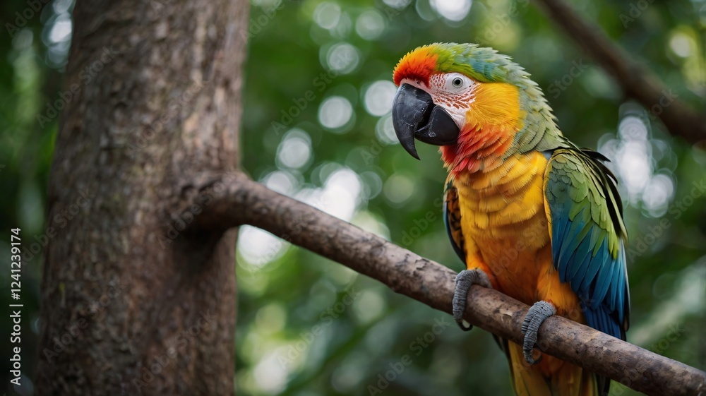 Obraz premium Colorful Parrot, Colorful macaws perched on branch in tropical setting, Close-up picture of cute colorful macaw on tree branch in forest background