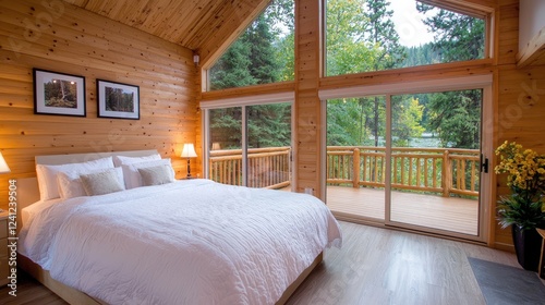 Cozy cabin bedroom with lake view, sliding doors to deck, forest background